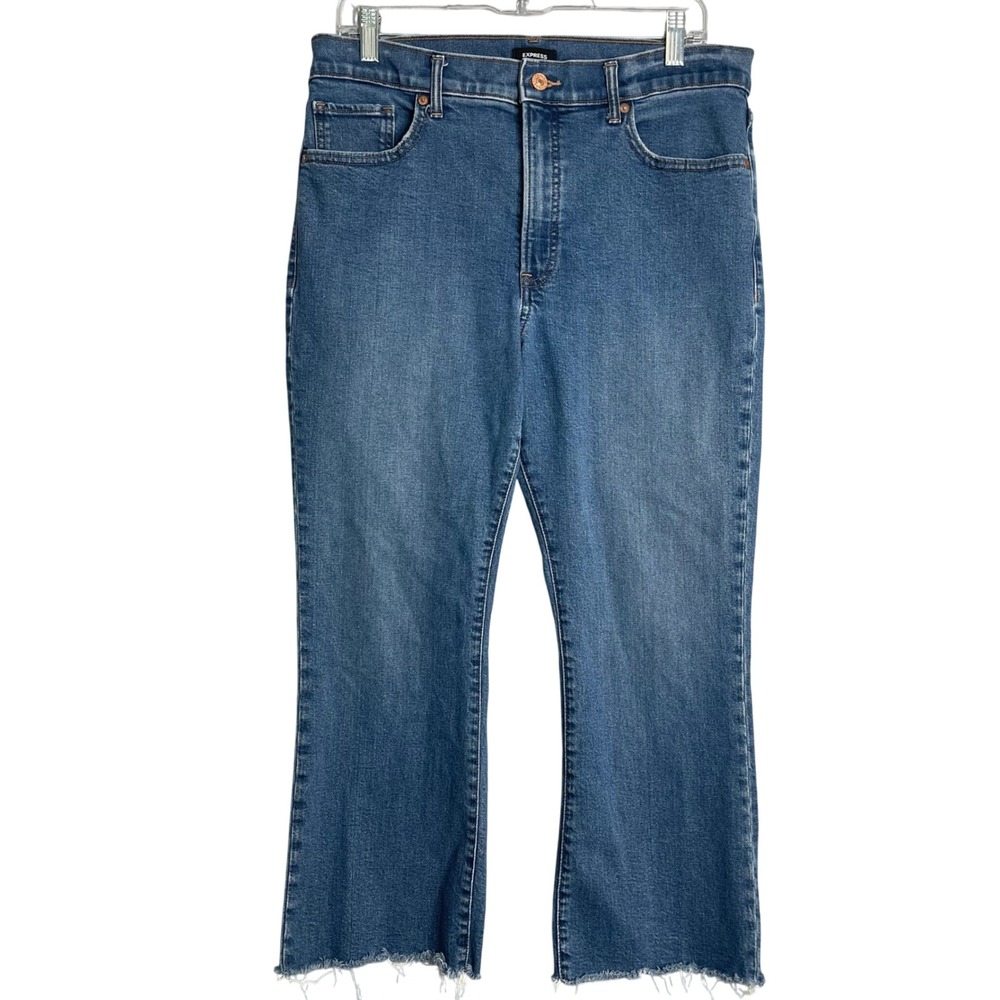 Express Cropped Flare High Rise Jeans Womens 12 Blue Medium Wash Stretch Preppy